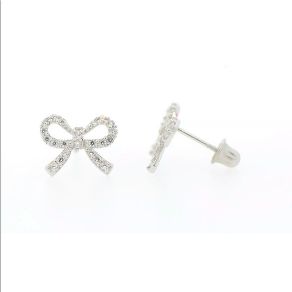 14K White or Yellow Solid Gold CZ Bow Earrings - Picture 2 of 3